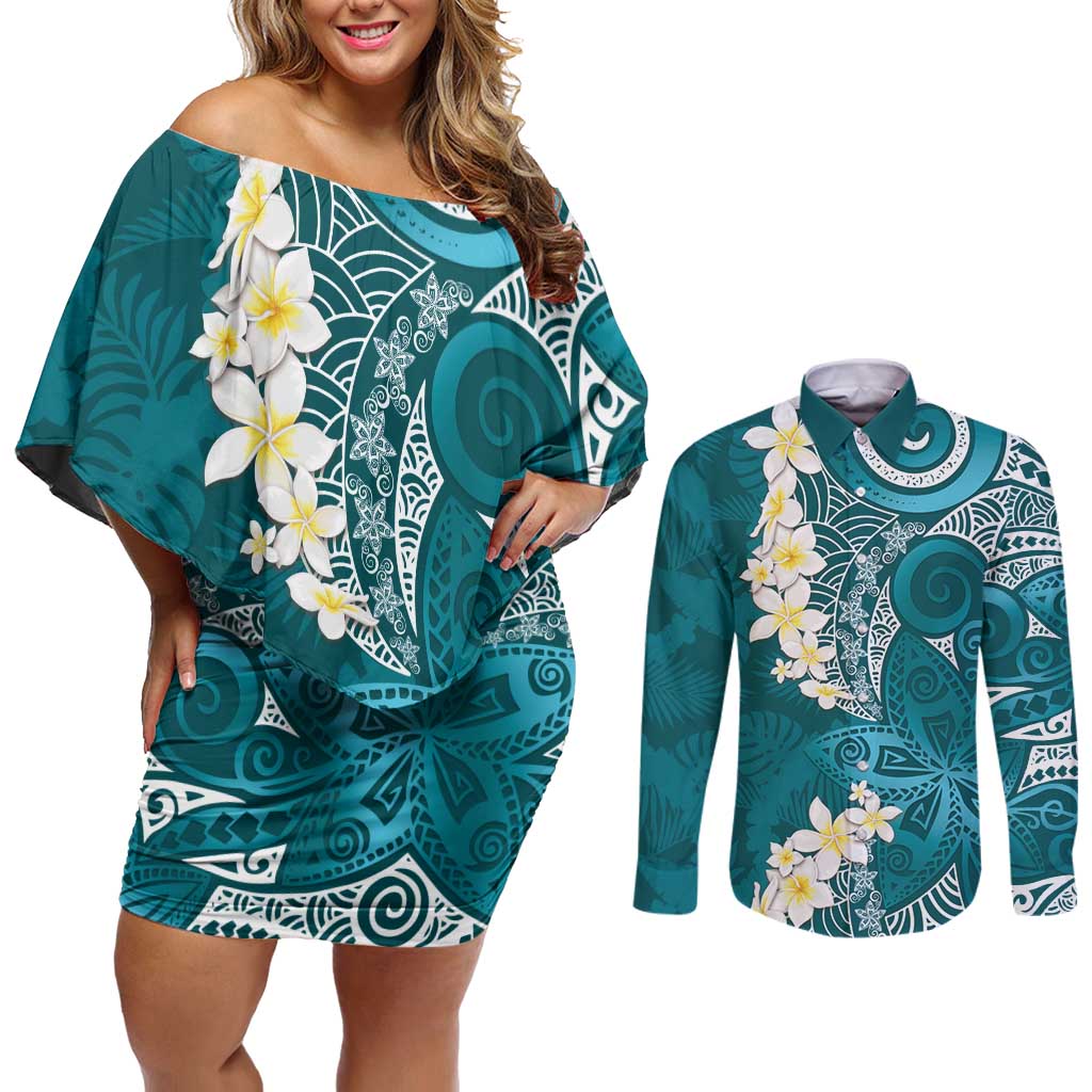 Cyan Polynesian Tribal Frangipani Tropical Vibe Couples Matching Off Shoulder Short Dress and Long Sleeve Button Shirt