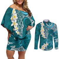Cyan Polynesian Tribal Frangipani Tropical Vibe Couples Matching Off Shoulder Short Dress and Long Sleeve Button Shirt