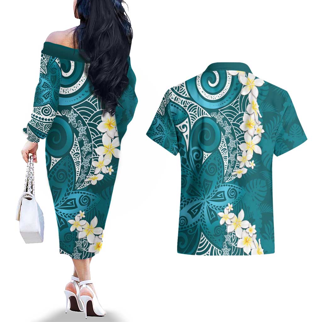 Cyan Polynesian Tribal Frangipani Tropical Vibe Couples Matching Off The Shoulder Long Sleeve Dress and Hawaiian Shirt LT14 - Polynesian Pride