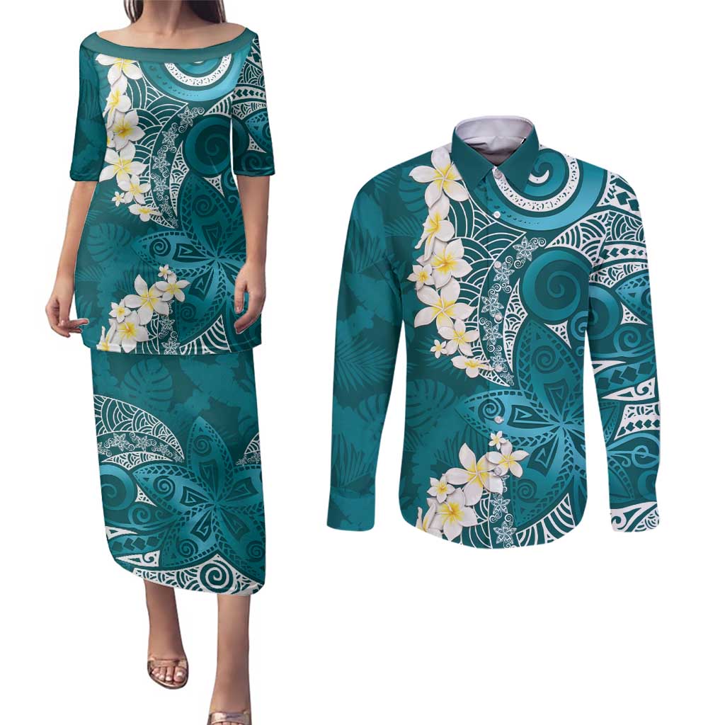 Cyan Polynesian Tribal Frangipani Tropical Vibe Couples Matching Puletasi and Long Sleeve Button Shirt
