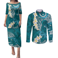 Cyan Polynesian Tribal Frangipani Tropical Vibe Couples Matching Puletasi and Long Sleeve Button Shirt