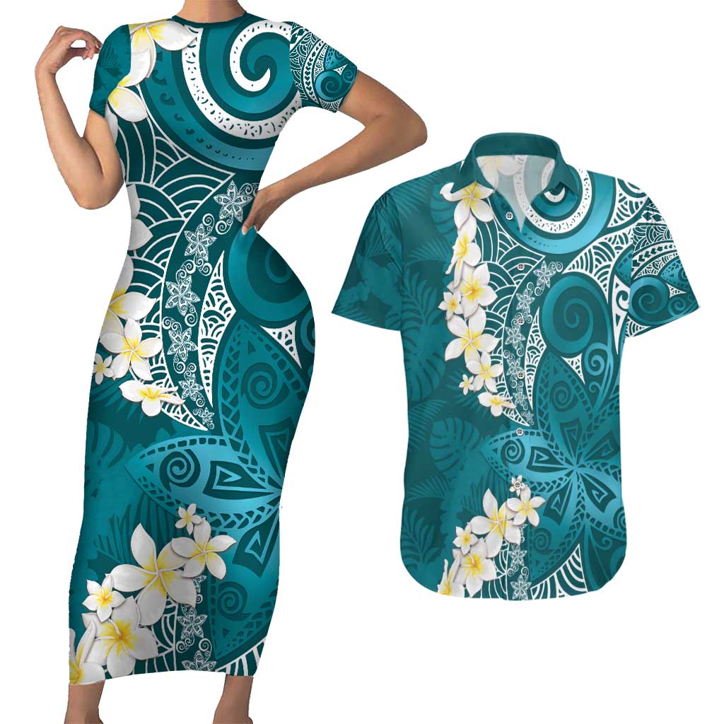 Cyan Polynesian Tribal Frangipani Tropical Vibe Couples Matching Short Sleeve Bodycon Dress and Hawaiian Shirt LT14 Cyan - Polynesian Pride