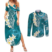 Cyan Polynesian Tribal Frangipani Tropical Vibe Couples Matching Summer Maxi Dress and Long Sleeve Button Shirt