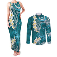 Cyan Polynesian Tribal Frangipani Tropical Vibe Couples Matching Tank Maxi Dress and Long Sleeve Button Shirt
