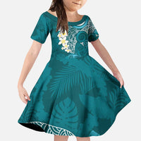 Cyan Polynesian Tribal Frangipani Tropical Vibe Family Matching Long Sleeve Bodycon Dress and Hawaiian Shirt LT14 Daughter's Dress Cyan - Polynesian Pride