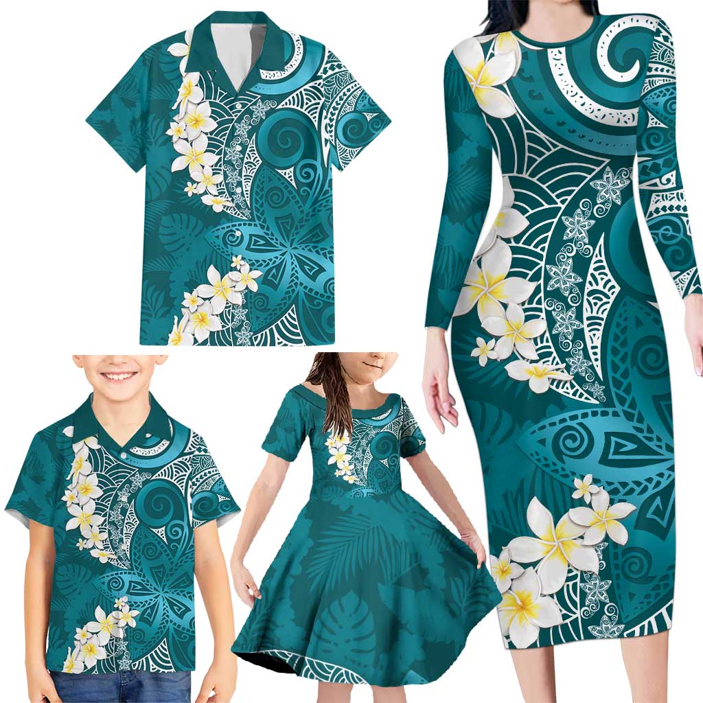 Cyan Polynesian Tribal Frangipani Tropical Vibe Family Matching Long Sleeve Bodycon Dress and Hawaiian Shirt LT14 - Polynesian Pride