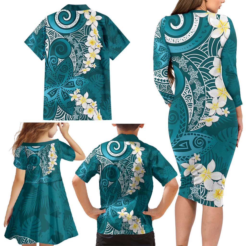 Cyan Polynesian Tribal Frangipani Tropical Vibe Family Matching Long Sleeve Bodycon Dress and Hawaiian Shirt LT14 - Polynesian Pride