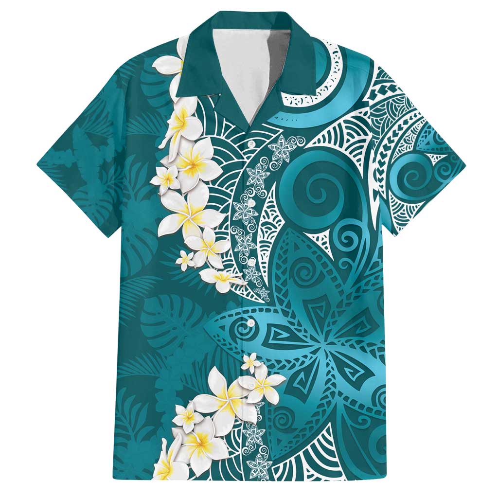 Cyan Polynesian Tribal Frangipani Tropical Vibe Family Matching Long Sleeve Bodycon Dress and Hawaiian Shirt LT14 Dad's Shirt - Short Sleeve Cyan - Polynesian Pride
