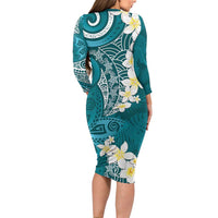 Cyan Polynesian Tribal Frangipani Tropical Vibe Family Matching Long Sleeve Bodycon Dress and Hawaiian Shirt LT14 - Polynesian Pride