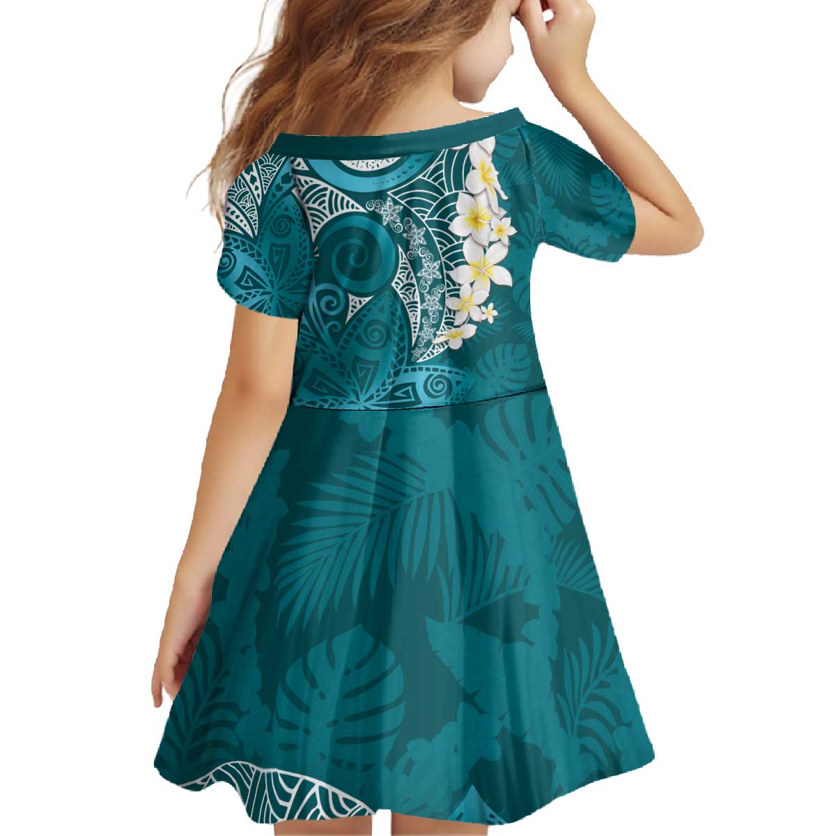 Cyan Polynesian Tribal Frangipani Tropical Vibe Family Matching Off The Shoulder Long Sleeve Dress and Hawaiian Shirt LT14 - Polynesian Pride