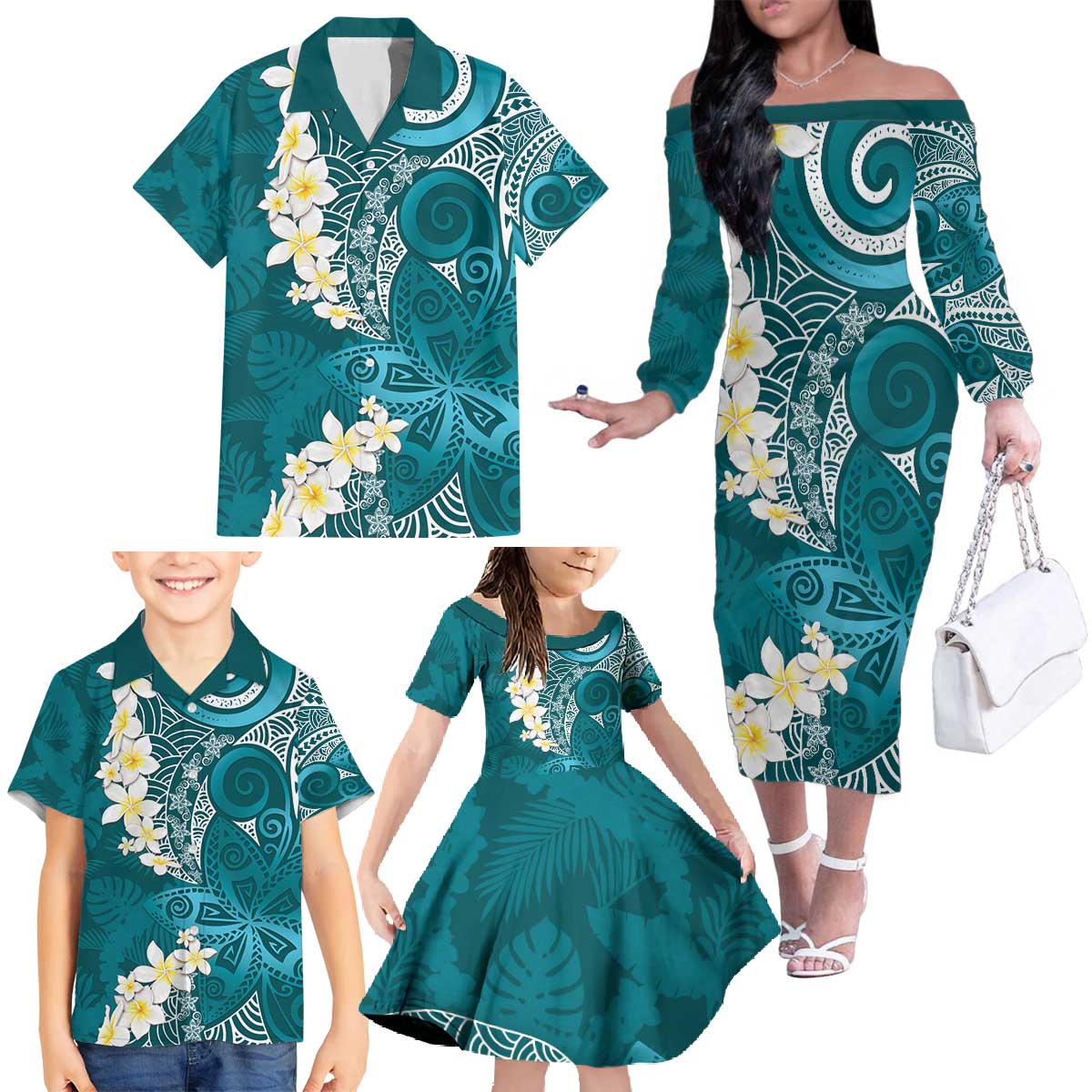 Cyan Polynesian Tribal Frangipani Tropical Vibe Family Matching Off The Shoulder Long Sleeve Dress and Hawaiian Shirt LT14 - Polynesian Pride