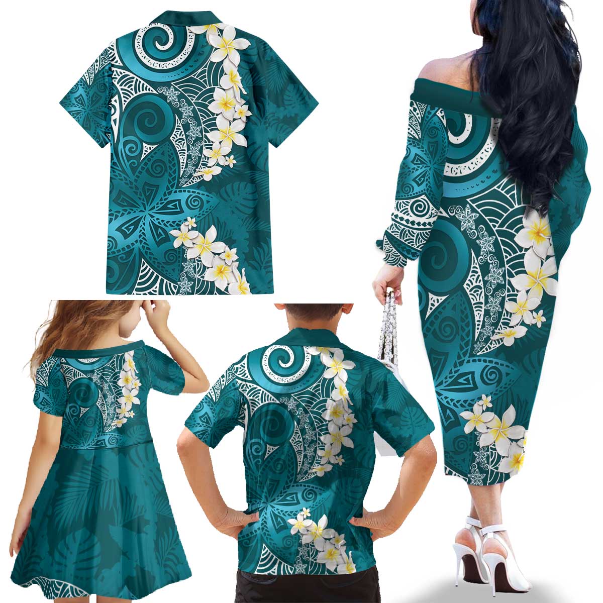 Cyan Polynesian Tribal Frangipani Tropical Vibe Family Matching Off The Shoulder Long Sleeve Dress and Hawaiian Shirt LT14 - Polynesian Pride