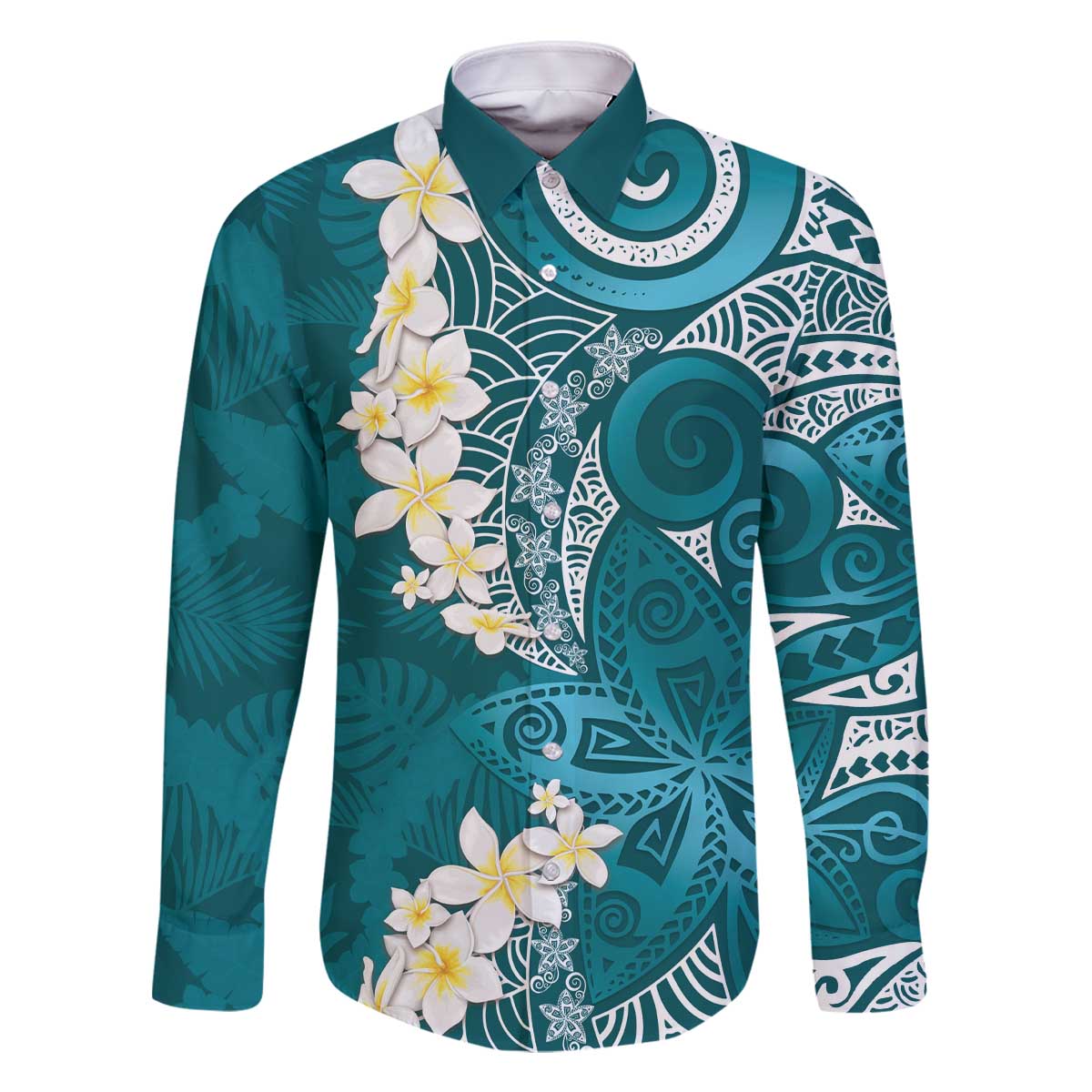 Cyan Polynesian Tribal Frangipani Tropical Vibe Family Matching Off The Shoulder Long Sleeve Dress and Hawaiian Shirt LT14 Dad's Shirt - Long Sleeve Cyan - Polynesian Pride