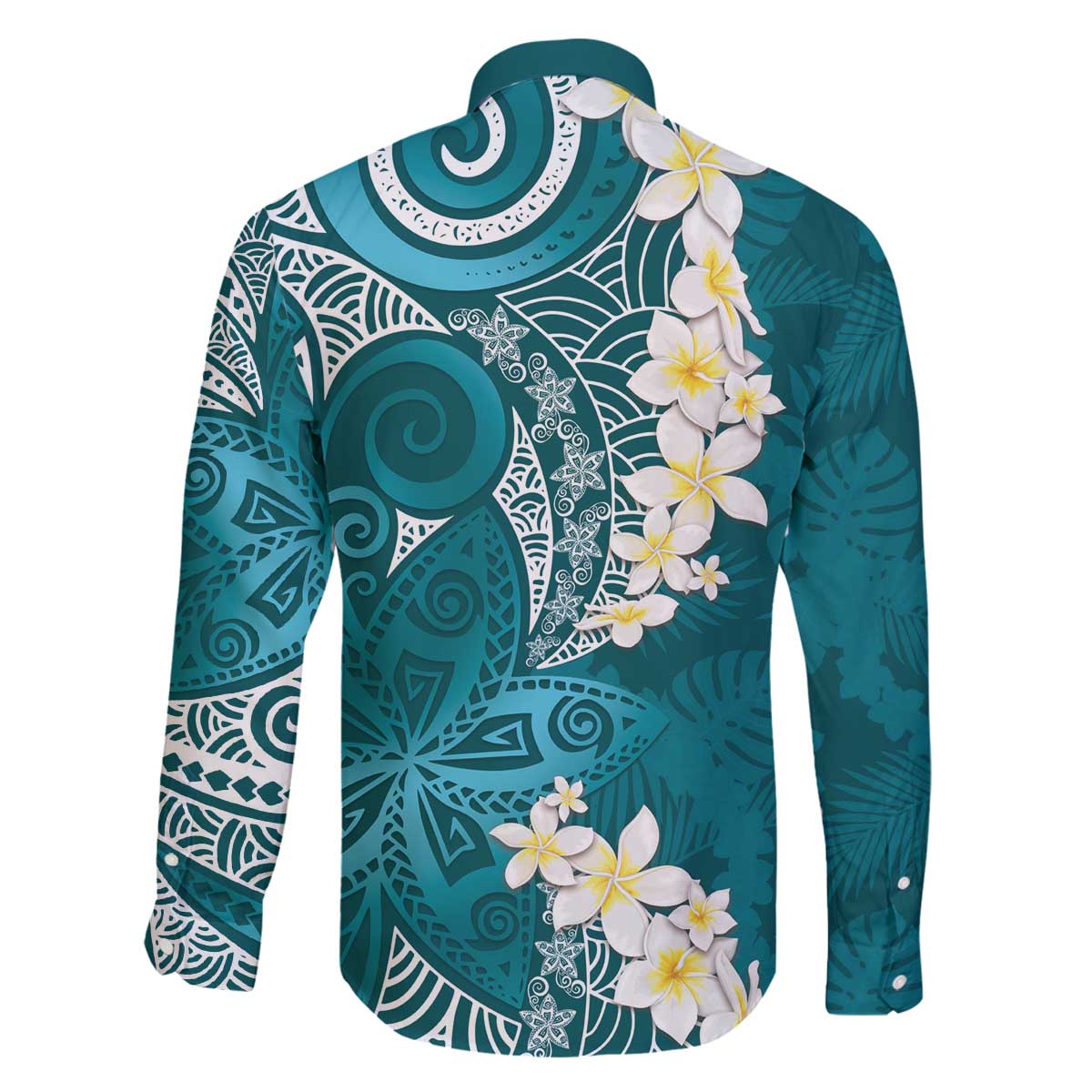 Cyan Polynesian Tribal Frangipani Tropical Vibe Family Matching Off The Shoulder Long Sleeve Dress and Hawaiian Shirt LT14 - Polynesian Pride