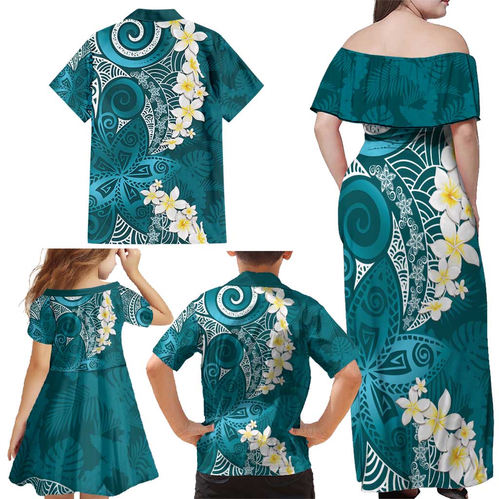 Cyan Polynesian Tribal Frangipani Tropical Vibe Family Matching Off Shoulder Maxi Dress and Hawaiian Shirt LT14 - Polynesian Pride