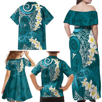 Cyan Polynesian Tribal Frangipani Tropical Vibe Family Matching Off Shoulder Maxi Dress and Hawaiian Shirt LT14 - Polynesian Pride