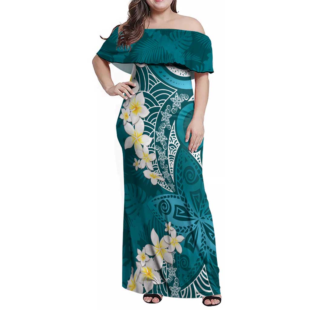 Cyan Polynesian Tribal Frangipani Tropical Vibe Family Matching Off Shoulder Maxi Dress and Hawaiian Shirt LT14 Mom's Dress Cyan - Polynesian Pride