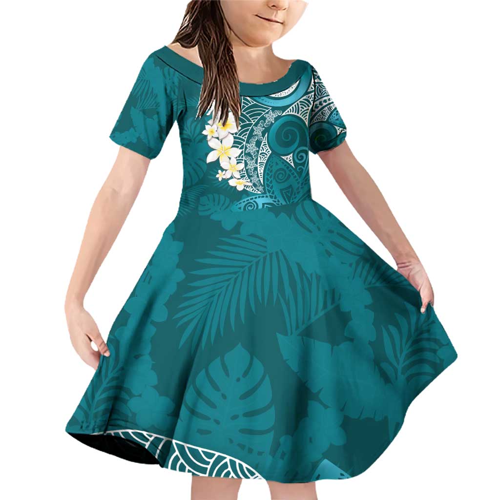Cyan Polynesian Tribal Frangipani Tropical Vibe Family Matching Off Shoulder Short Dress and Hawaiian Shirt LT14 Daughter's Dress Cyan - Polynesian Pride