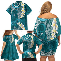 Cyan Polynesian Tribal Frangipani Tropical Vibe Family Matching Off Shoulder Short Dress and Hawaiian Shirt LT14 - Polynesian Pride