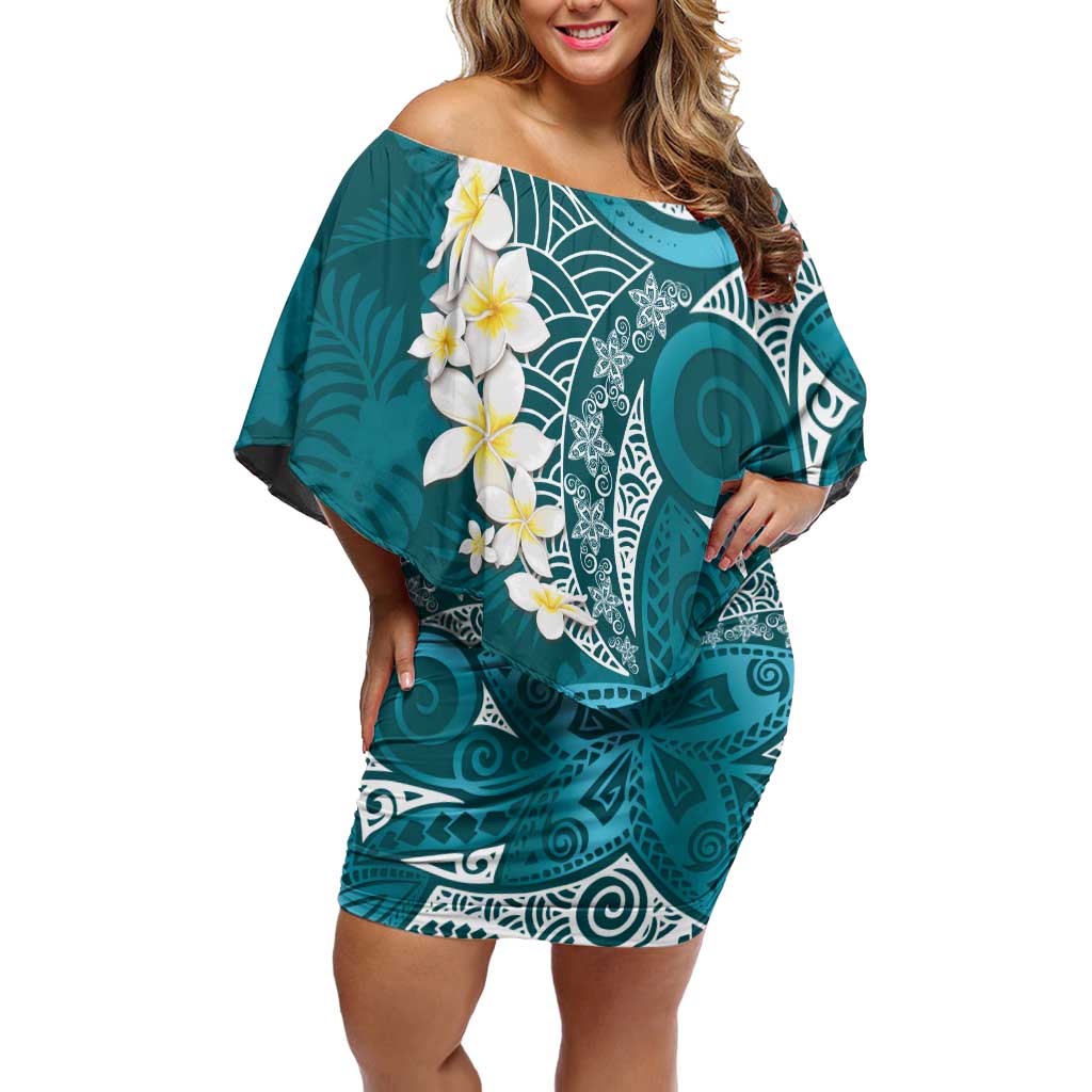Cyan Polynesian Tribal Frangipani Tropical Vibe Family Matching Off Shoulder Short Dress and Hawaiian Shirt LT14 Mom's Dress Cyan - Polynesian Pride