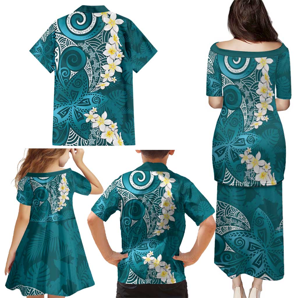 Cyan Polynesian Tribal Frangipani Tropical Vibe Family Matching Puletasi and Hawaiian Shirt LT14 - Polynesian Pride