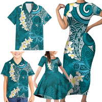 Cyan Polynesian Tribal Frangipani Tropical Vibe Family Matching Short Sleeve Bodycon Dress and Hawaiian Shirt LT14 - Polynesian Pride