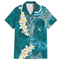 Cyan Polynesian Tribal Frangipani Tropical Vibe Family Matching Short Sleeve Bodycon Dress and Hawaiian Shirt LT14 Dad's Shirt - Short Sleeve Cyan - Polynesian Pride