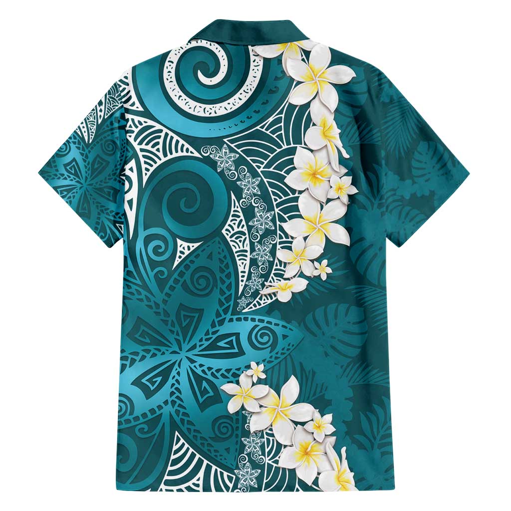 Cyan Polynesian Tribal Frangipani Tropical Vibe Family Matching Short Sleeve Bodycon Dress and Hawaiian Shirt LT14 - Polynesian Pride