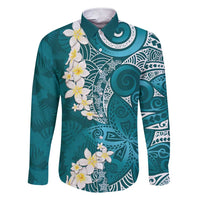 Cyan Polynesian Tribal Frangipani Tropical Vibe Family Matching Short Sleeve Bodycon Dress and Hawaiian Shirt LT14 Dad's Shirt - Long Sleeve Cyan - Polynesian Pride