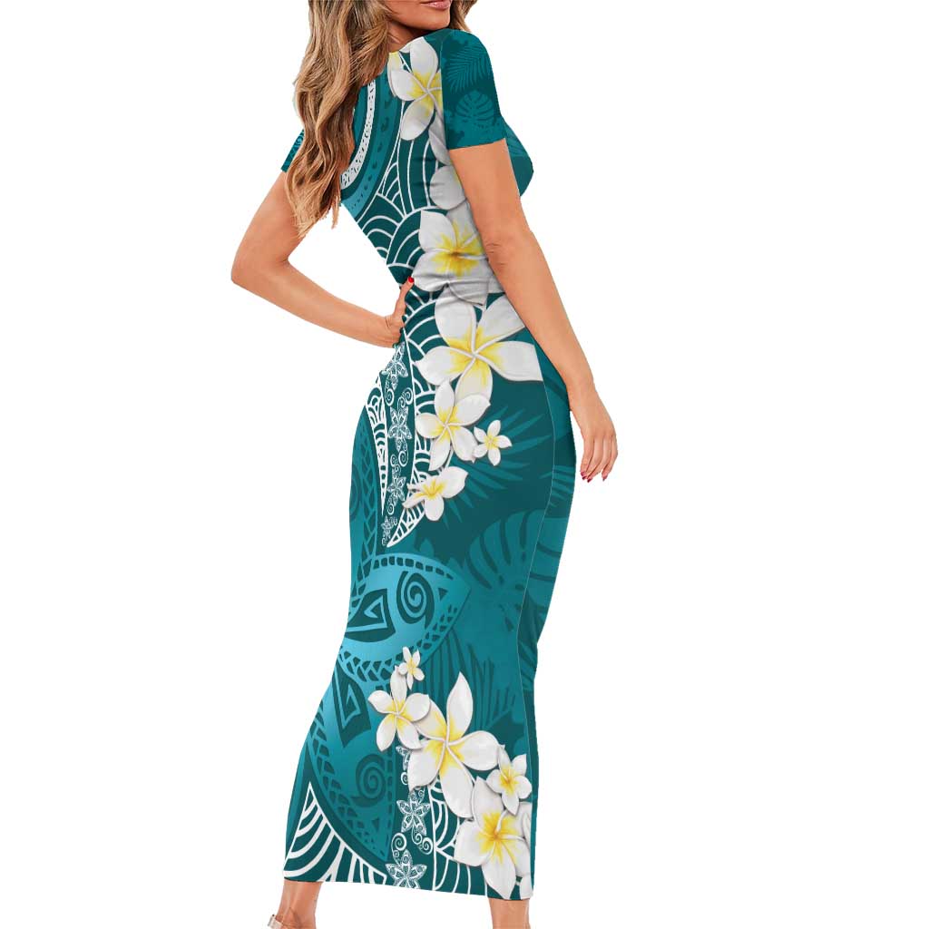Cyan Polynesian Tribal Frangipani Tropical Vibe Family Matching Short Sleeve Bodycon Dress and Hawaiian Shirt LT14 - Polynesian Pride