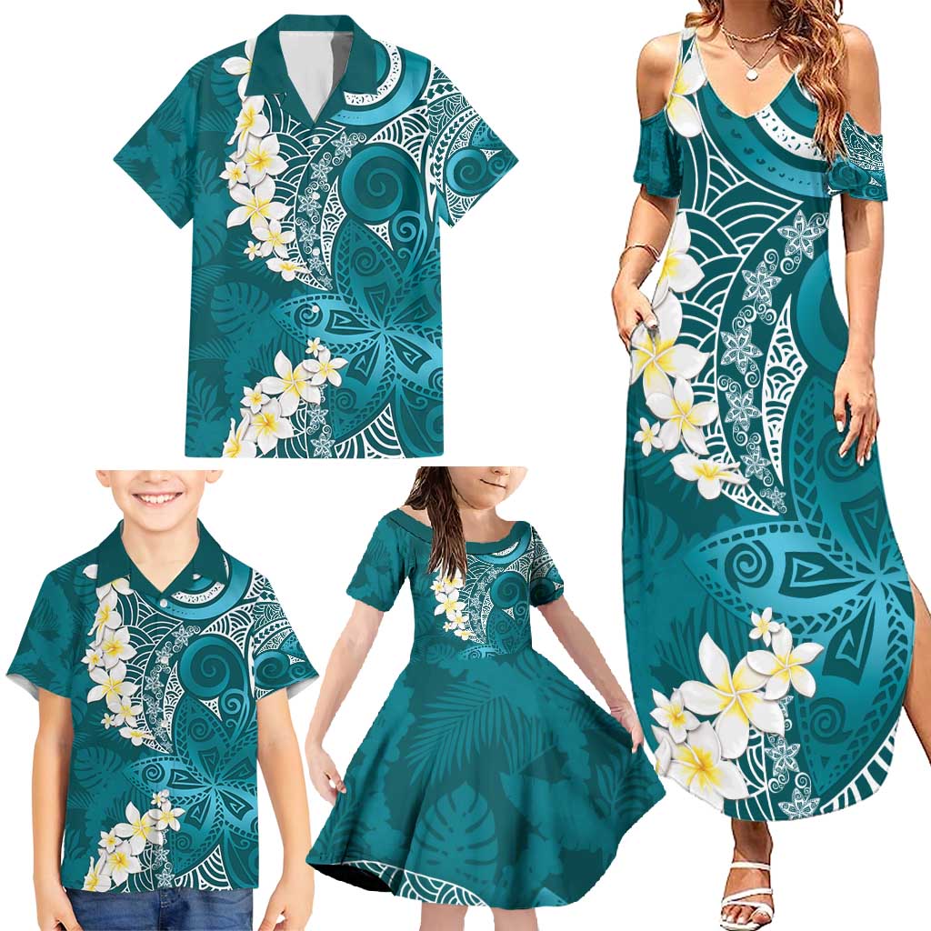 Cyan Polynesian Tribal Frangipani Tropical Vibe Family Matching Summer Maxi Dress and Hawaiian Shirt LT14 - Polynesian Pride
