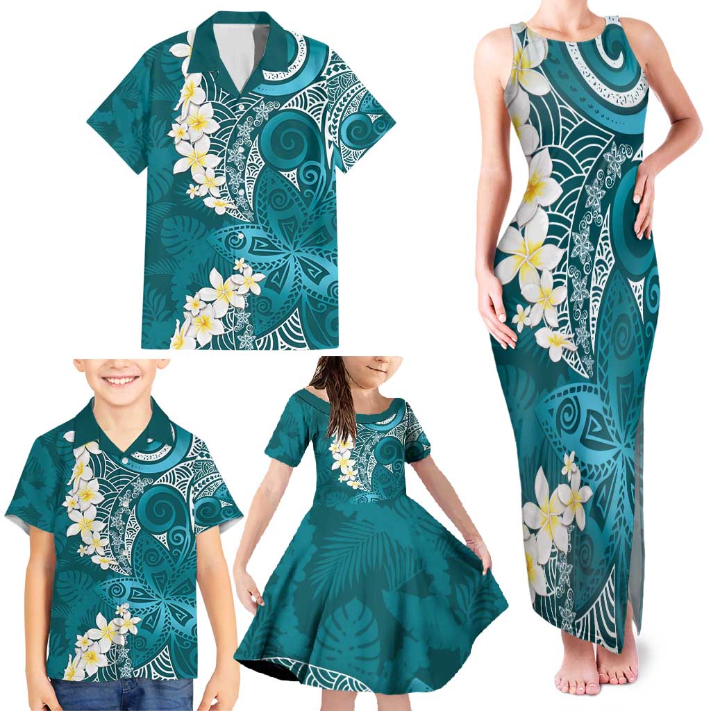Cyan Polynesian Tribal Frangipani Tropical Vibe Family Matching Tank Maxi Dress and Hawaiian Shirt LT14 - Polynesian Pride