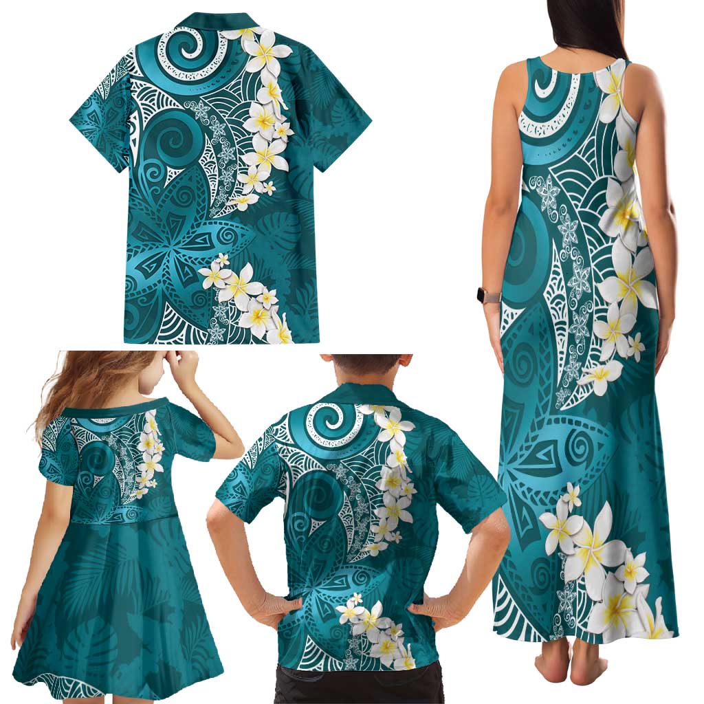 Cyan Polynesian Tribal Frangipani Tropical Vibe Family Matching Tank Maxi Dress and Hawaiian Shirt LT14 - Polynesian Pride