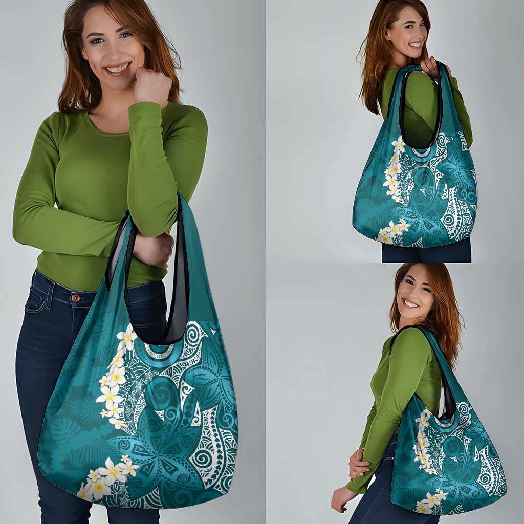 Cyan Polynesian Tribal Frangipani Tropical Vibe Grocery Bag