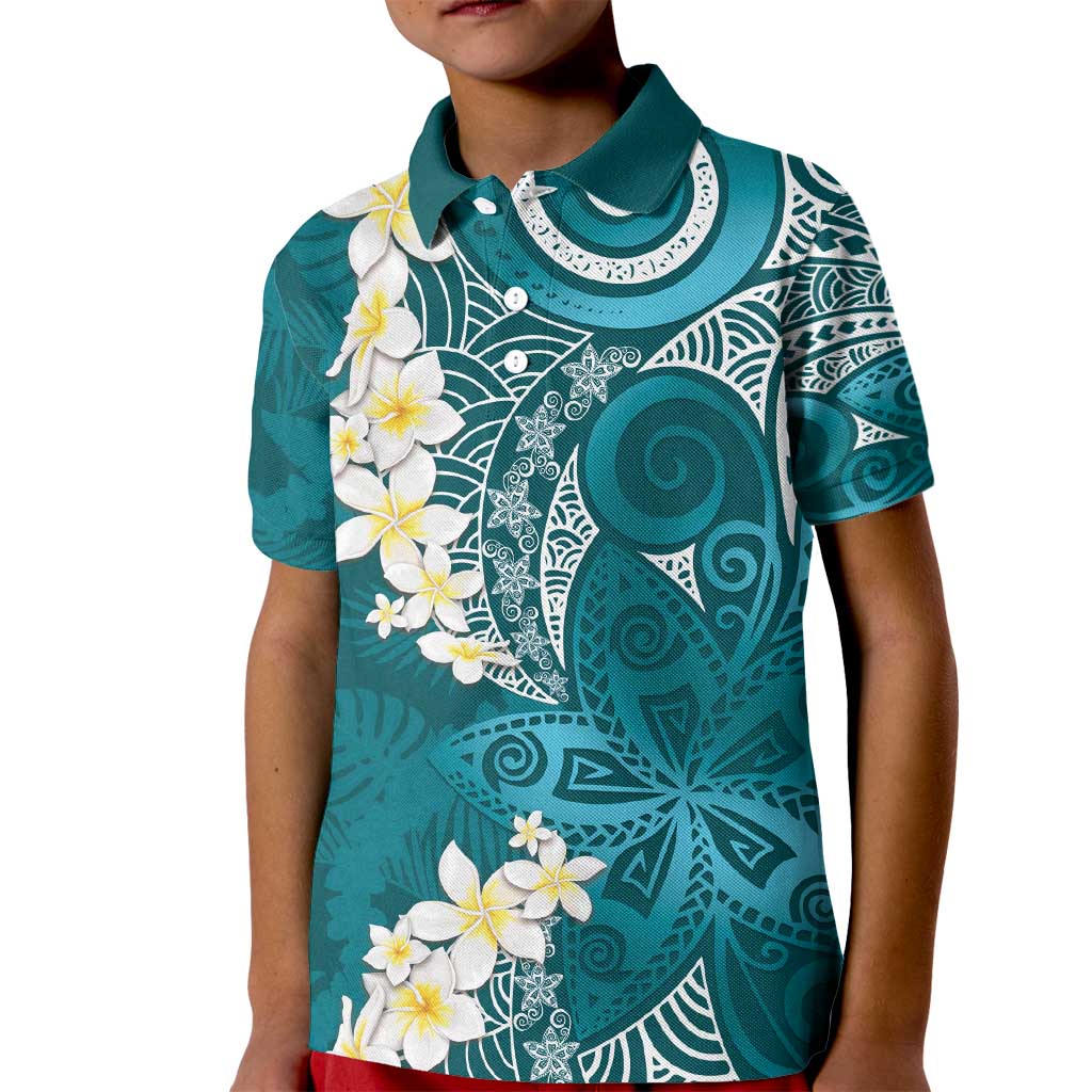 Cyan Polynesian Tribal Frangipani Tropical Vibe Kid Polo Shirt