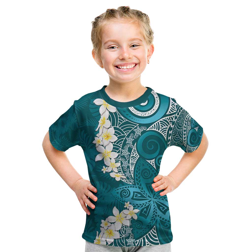 Cyan Polynesian Tribal Frangipani Tropical Vibe Kid T Shirt