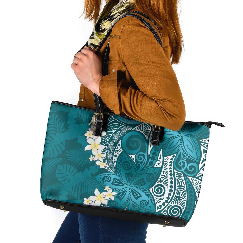 Cyan Polynesian Tribal Frangipani Tropical Vibe Leather Tote Bag