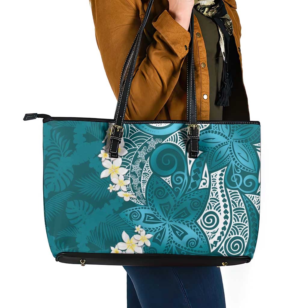 Cyan Polynesian Tribal Frangipani Tropical Vibe Leather Tote Bag