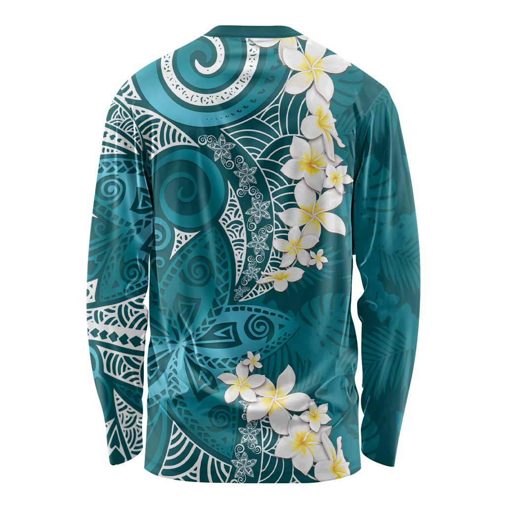 Cyan Polynesian Tribal Frangipani Tropical Vibe Long Sleeve Shirt