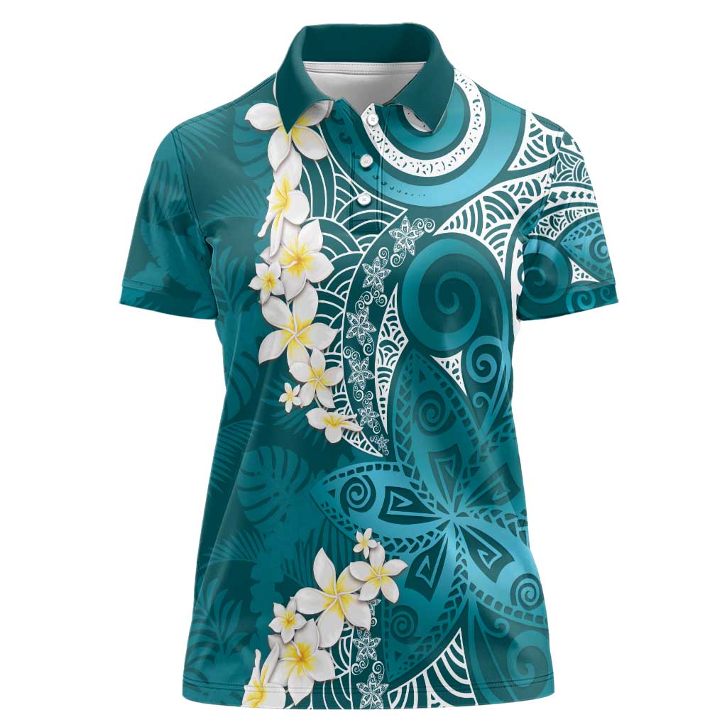 Cyan Polynesian Tribal Frangipani Tropical Vibe Women Polo Shirt