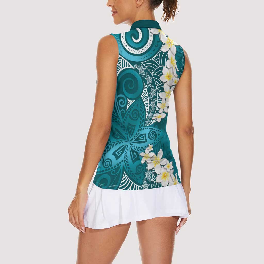 Cyan Polynesian Tribal Frangipani Tropical Vibe Women Sleeveless Polo Shirt