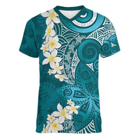 Cyan Polynesian Tribal Frangipani Tropical Vibe Women V-Neck T-Shirt