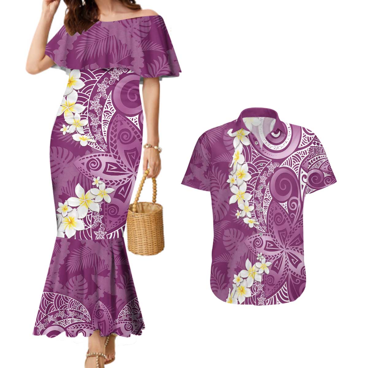 Pink Polynesian Tribal Frangipani Tropical Vibe Couples Matching Mermaid Dress and Hawaiian Shirt