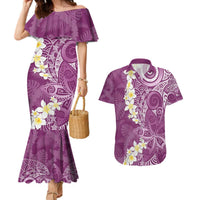 Pink Polynesian Tribal Frangipani Tropical Vibe Couples Matching Mermaid Dress and Hawaiian Shirt