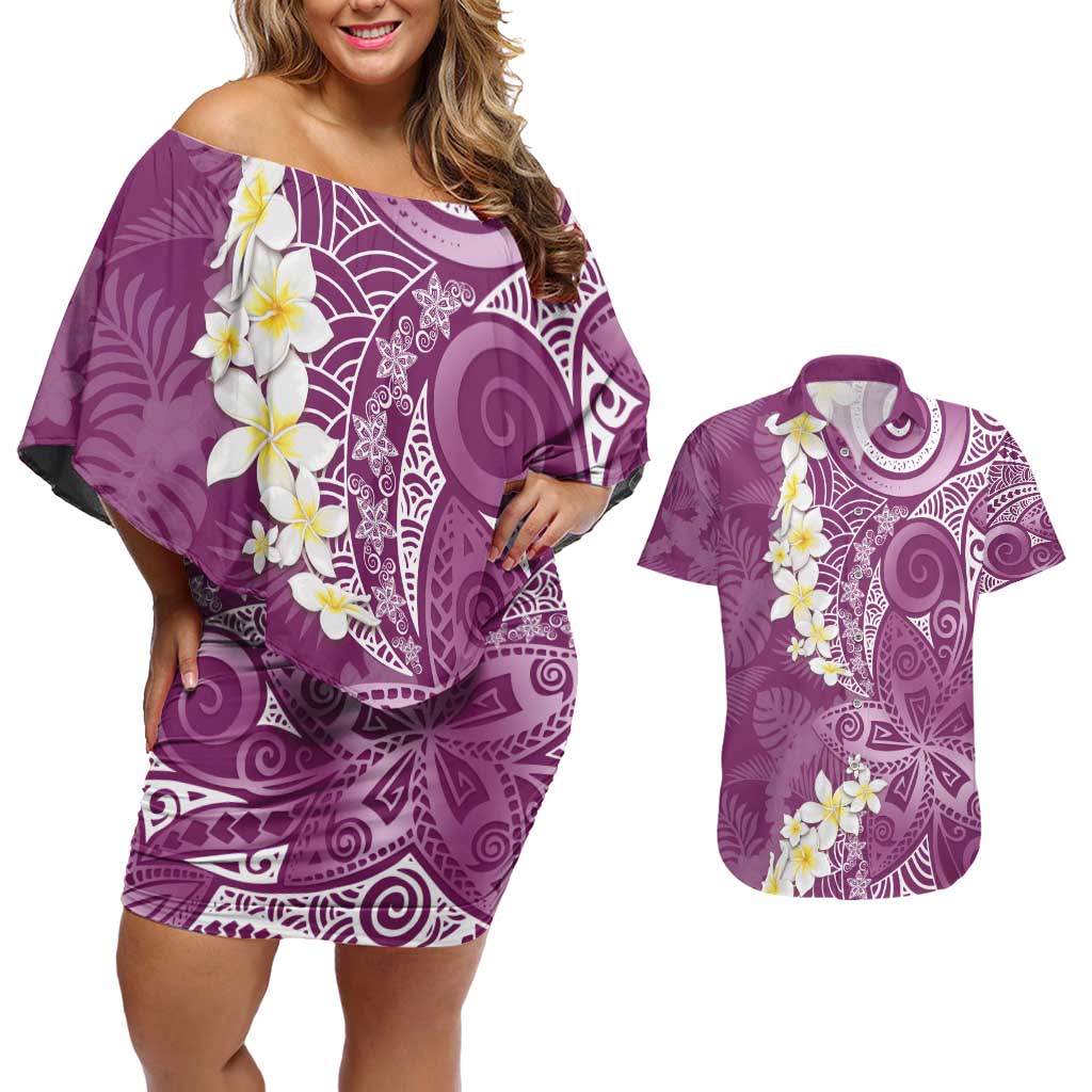 Pink Polynesian Tribal Frangipani Tropical Vibe Couples Matching Off Shoulder Short Dress and Hawaiian Shirt