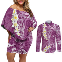 Pink Polynesian Tribal Frangipani Tropical Vibe Couples Matching Off Shoulder Short Dress and Long Sleeve Button Shirt