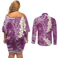 Pink Polynesian Tribal Frangipani Tropical Vibe Couples Matching Off Shoulder Short Dress and Long Sleeve Button Shirt