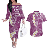 Pink Polynesian Tribal Frangipani Tropical Vibe Couples Matching Off The Shoulder Long Sleeve Dress and Hawaiian Shirt LT14 Pink - Polynesian Pride