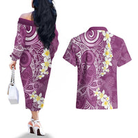 Pink Polynesian Tribal Frangipani Tropical Vibe Couples Matching Off The Shoulder Long Sleeve Dress and Hawaiian Shirt LT14 - Polynesian Pride