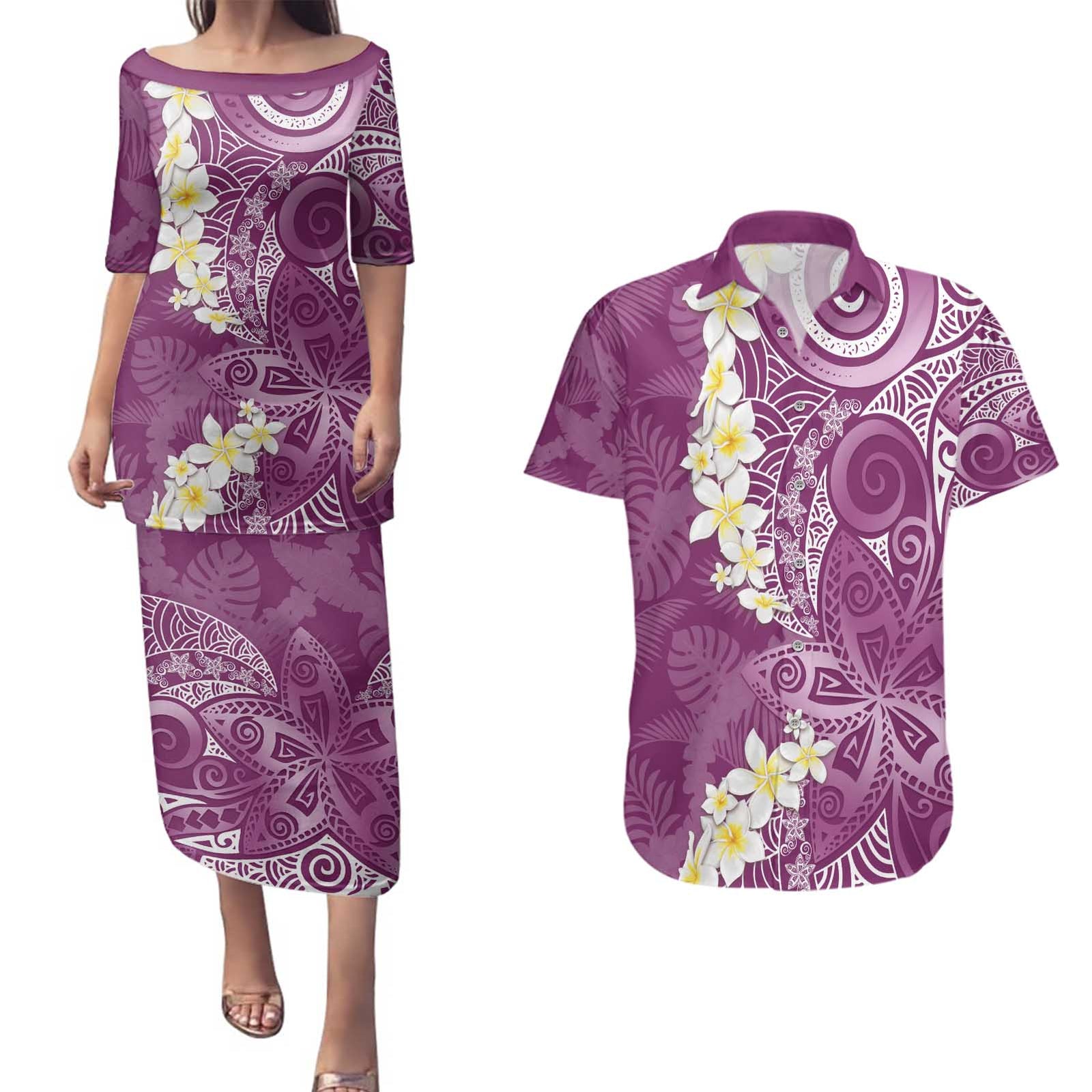 Pink Polynesian Tribal Frangipani Tropical Vibe Couples Matching Puletasi and Hawaiian Shirt